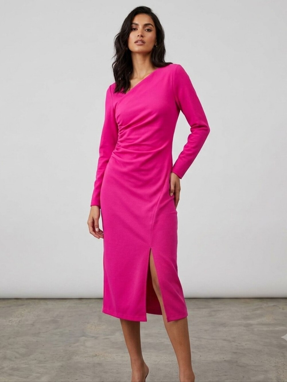 Anne Klein Women's Pink Asymmetrical-Neck Ruched Midi Dress Size S